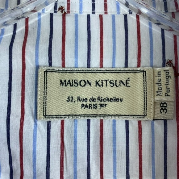Maison Kitsune Dress Shirt Sz 38 (US S)  Striped Embroidered Foxes Long Sleeve - Picture 4 of 9